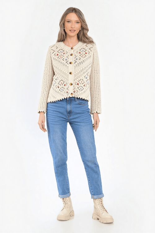 Cardigan crem cu broderie colorată Natalee