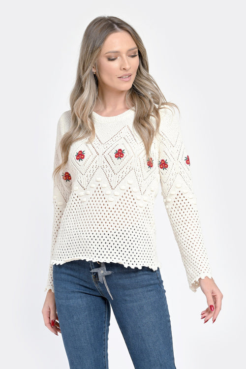 Pulover damă alb tricotat cu flori roșii Natalee