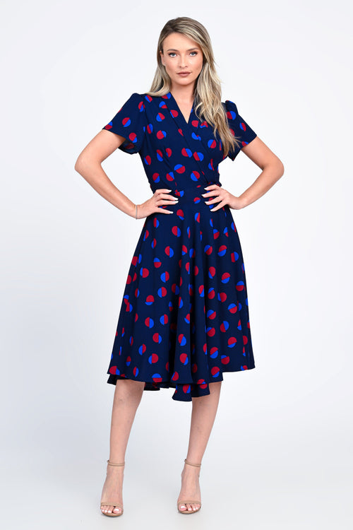 Rochie bleumarin cu imprimeu geometric și croi cloș – model Melina Natalee Fashion