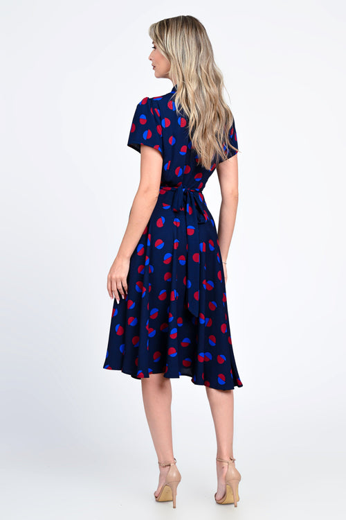 Rochie bleumarin cu imprimeu geometric și croi cloș – model Melina Natalee Fashion