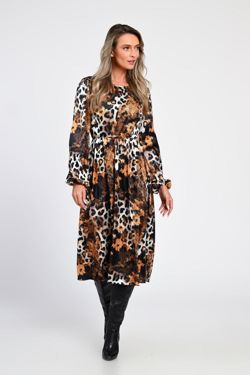 Rochie midi animal print cu accente aurii – rochia Kiara Natalee