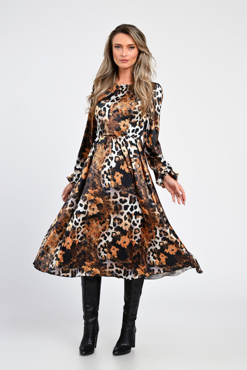 Rochie midi animal print cu accente aurii – rochia Kiara Natalee