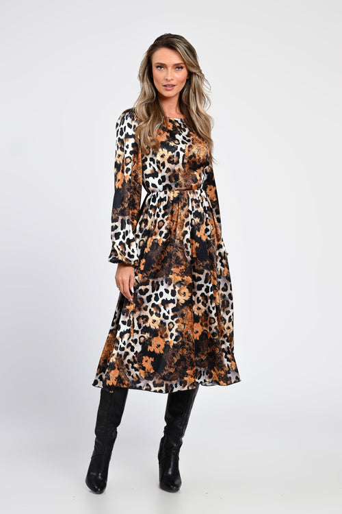 Rochie midi animal print cu accente aurii – rochia Kiara Natalee