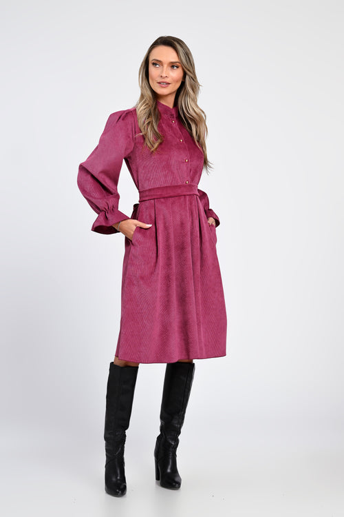 Rochie midi din raiat roz prună cu guler și nasturi decorativi – rochia Adeline Natalee