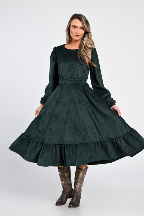 Rochie midi din raiat verde închis cu volane – rochia Eliza Natalee