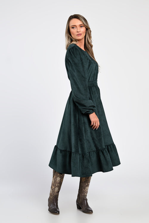 Rochie midi din raiat verde închis cu volane – rochia Eliza Natalee