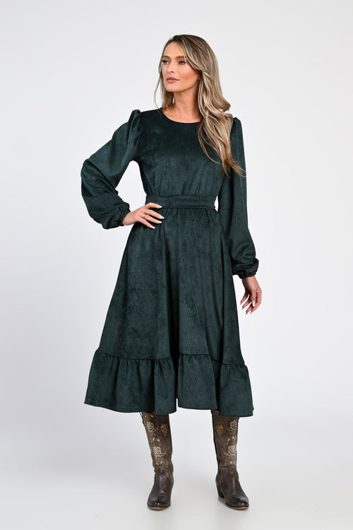 Rochie midi din raiat verde închis cu volane – rochia Eliza Natalee