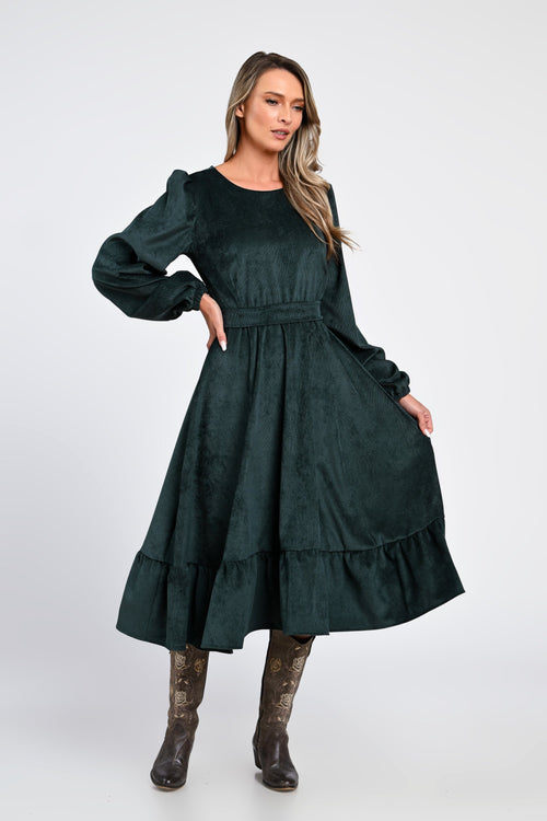 Rochie midi din raiat verde închis cu volane – rochia Eliza Natalee