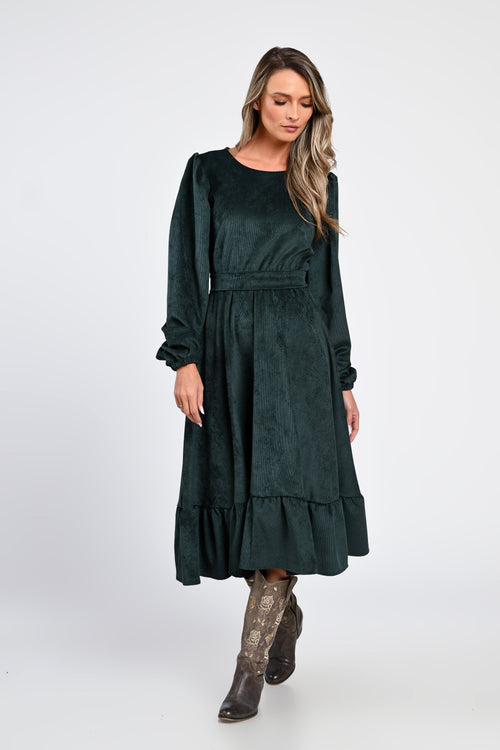 Rochie midi din raiat verde închis cu volane – rochia Eliza Natalee