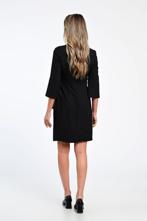 Rochie neagră elegantă cu fundă galben-muștar și mâneci evazate – rochia Mara Natalee