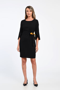 Rochie neagră elegantă cu fundă galben-muștar și mâneci evazate – rochia Mara Natalee