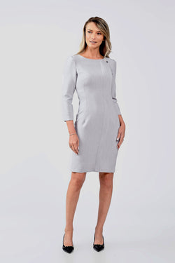 Rochie office gri deschis cu croială conică și detaliu asimetric – rochia Claire Natalee Fashion