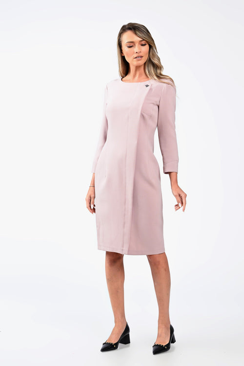 Rochie office roz pudră conică, cu detaliu asimetric – rochia Claire Natalee