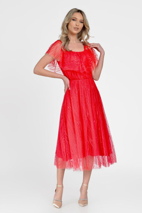 Rochie rosie tull brodat Alana Natalee Fashion