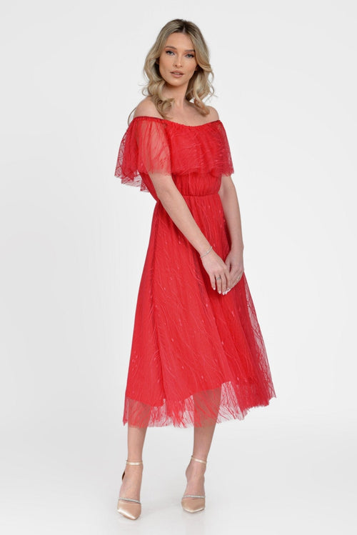 Rochie rosie tull brodat Alana Natalee Fashion