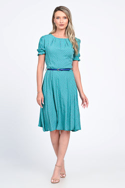 Rochie turcoaz cu buline și mâneci bufante – model Evelin Natalee Fashion