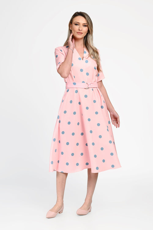 Rochie damă din bumbac cu buline și cordon în talie Bianca