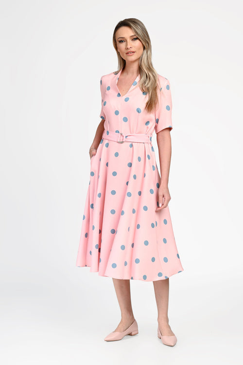 Rochie damă din bumbac cu buline și cordon în talie Bianca