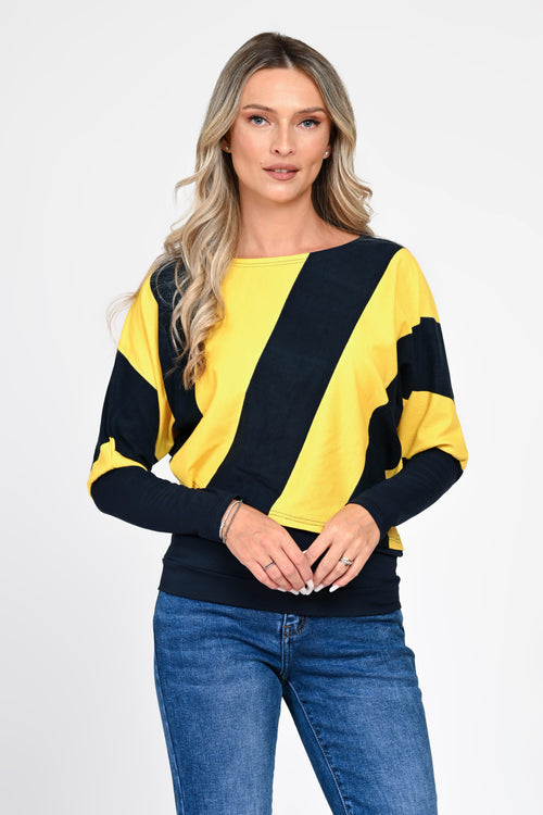Bluză damă galbenă și bleumarin cu efect suprapus Serena