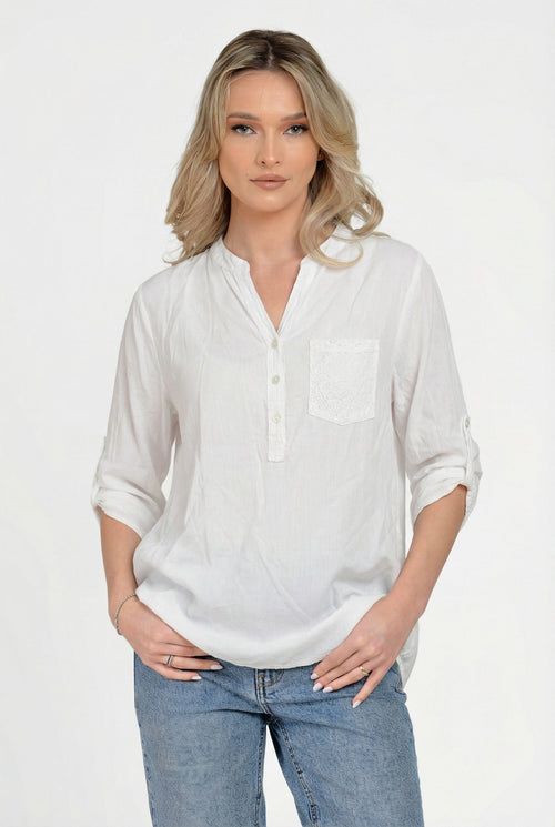 Bluză damă albă casual cu buzunar dantelă Elena Natalee