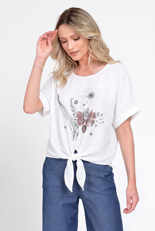 Bluză damă albă cu imprimeu floral și nod decorativ Elena Natalee