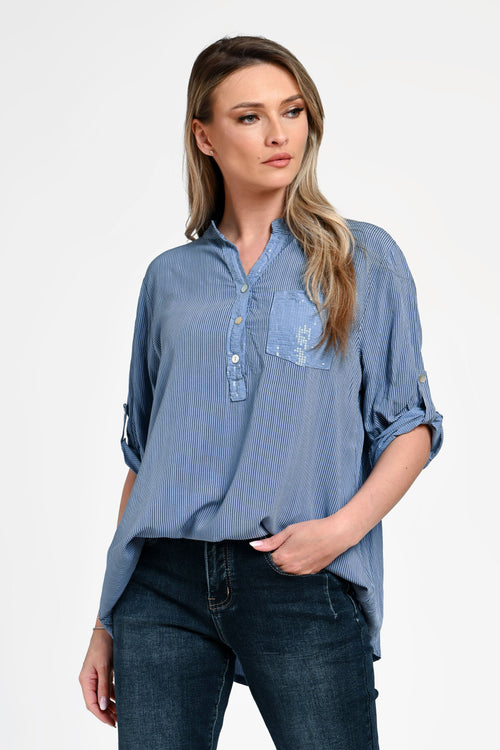 Bluză damă bleu cu dungi fine și detalii discrete Daria Natalee Fashion