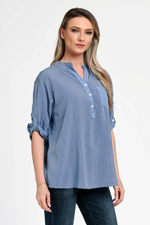 Bluză damă bleu cu dungi fine și detalii discrete Daria Natalee Fashion