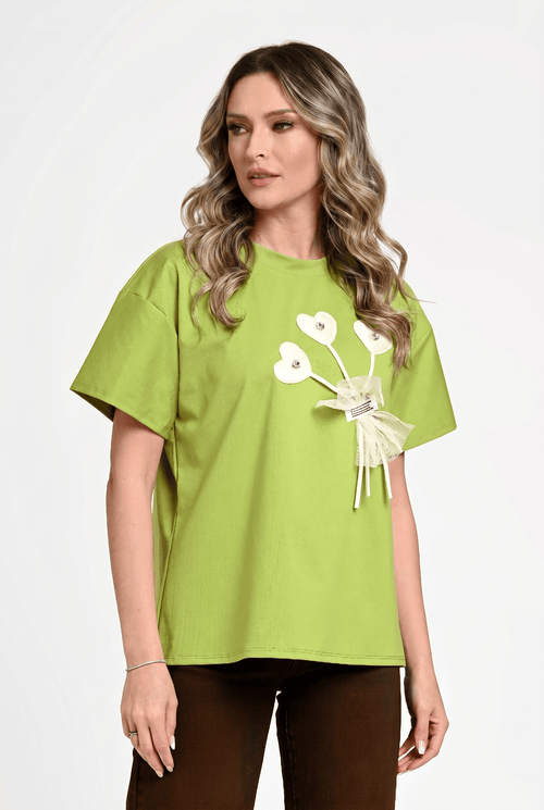 Bluză damă casual Andra verde lime cu aplicație inimioare Natalee