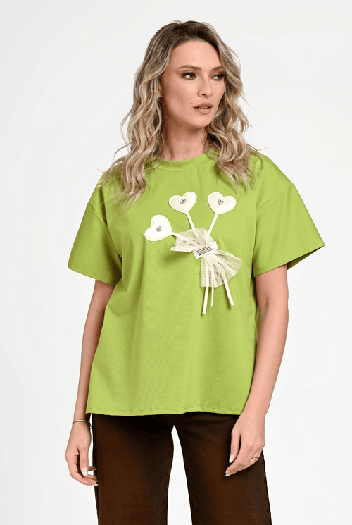 Bluză damă casual Andra verde lime cu aplicație inimioare Natalee