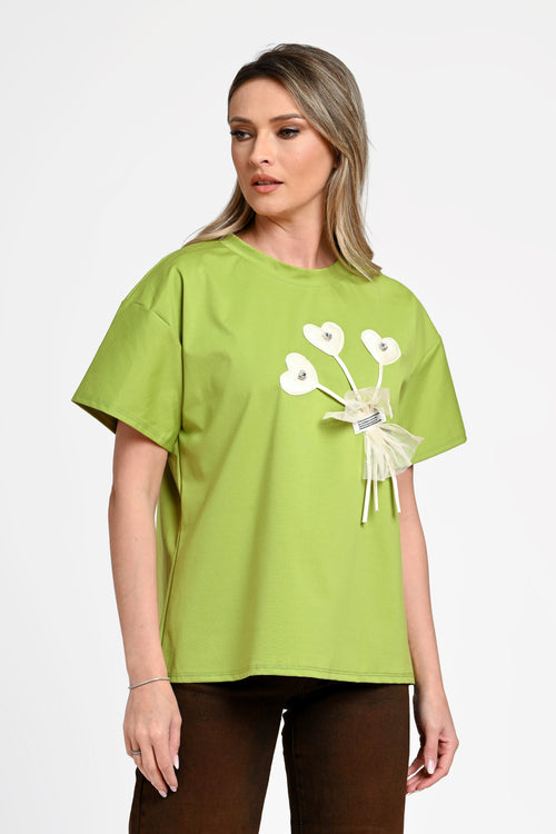 Bluză damă casual Andra verde lime cu aplicație inimioare Natalee