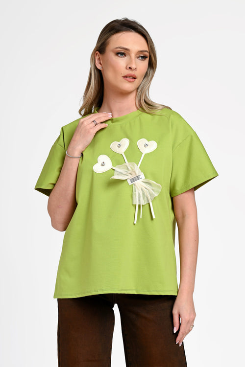Bluză damă casual Andra verde lime cu aplicație inimioare Natalee