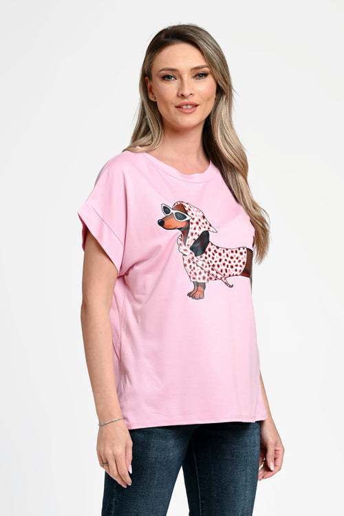 Bluză damă casual Mara roz cu imprimeu cățel Natalee
