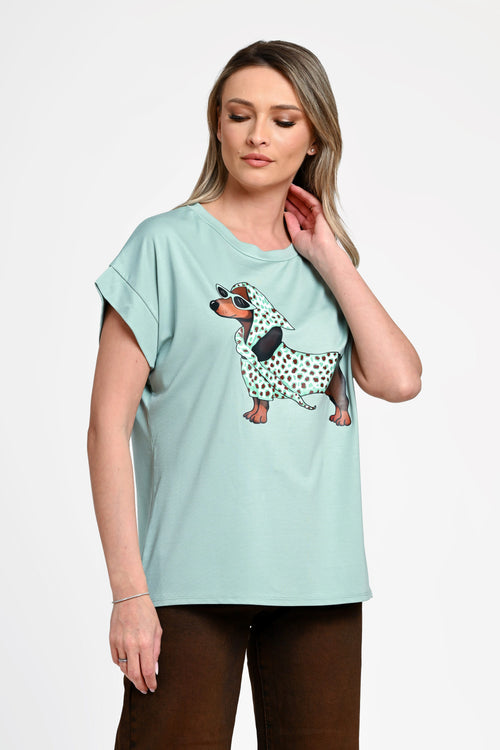 Bluză damă casual Mara verde mentă cu imprimeu cățel Natalee