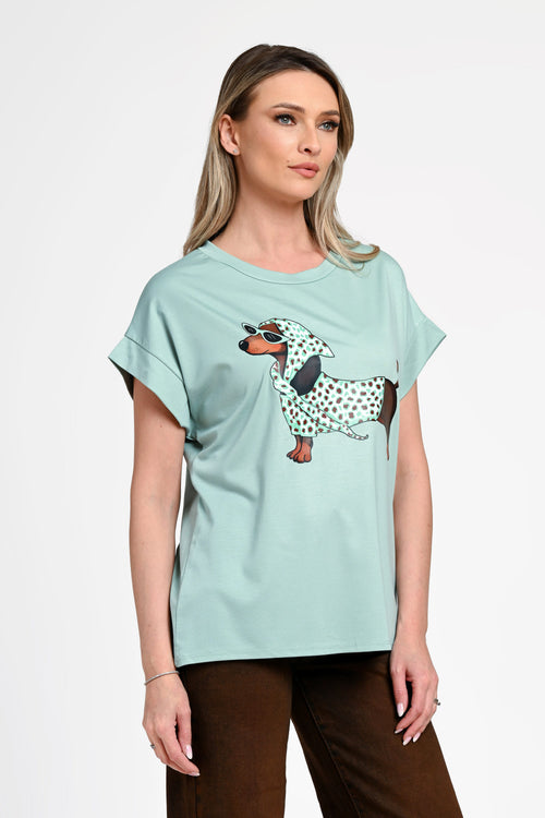 Bluză damă casual Mara verde mentă cu imprimeu cățel Natalee