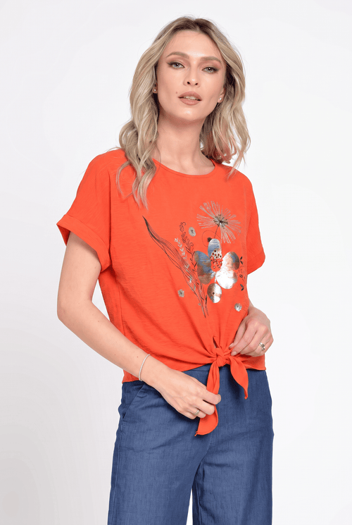 Bluză damă corai cu imprimeu floral și nod decorativ Elena Natalee