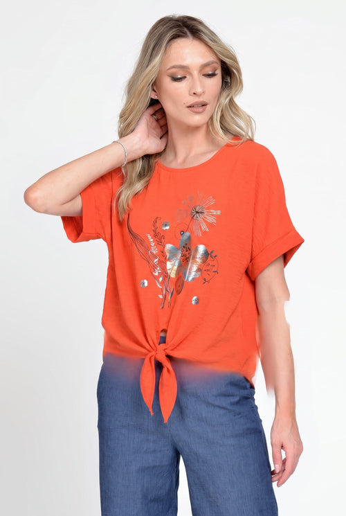 Bluză damă corai cu imprimeu floral și nod decorativ Elena Natalee