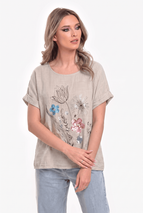 Bluză damă coral cu imprimeu floral și paiete Amalia M / gri Natalee