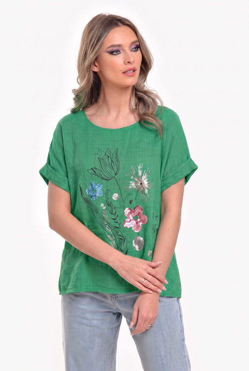 Bluză damă coral cu imprimeu floral și paiete Amalia M / verde Natalee