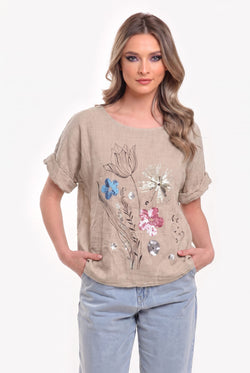 Bluză damă coral cu imprimeu floral și paiete Amalia S / gri Natalee