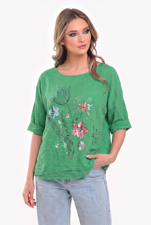 Bluză damă coral cu imprimeu floral și paiete Amalia S / verde Natalee