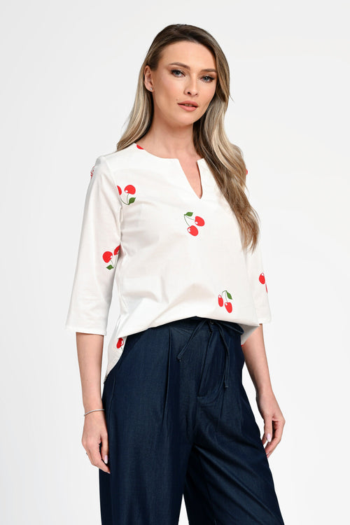 Bluză damă din bumbac cu imprimeu cireșe. Cristina Natalee Fashion
