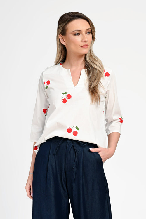 Bluză damă din bumbac cu imprimeu cireșe. Cristina Natalee Fashion