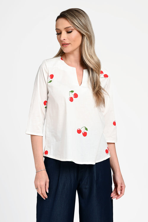 Bluză damă din bumbac cu imprimeu cireșe. Cristina Natalee Fashion