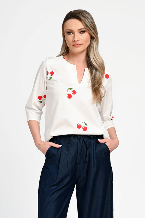 Bluză damă din bumbac cu imprimeu cireșe. Cristina Natalee Fashion