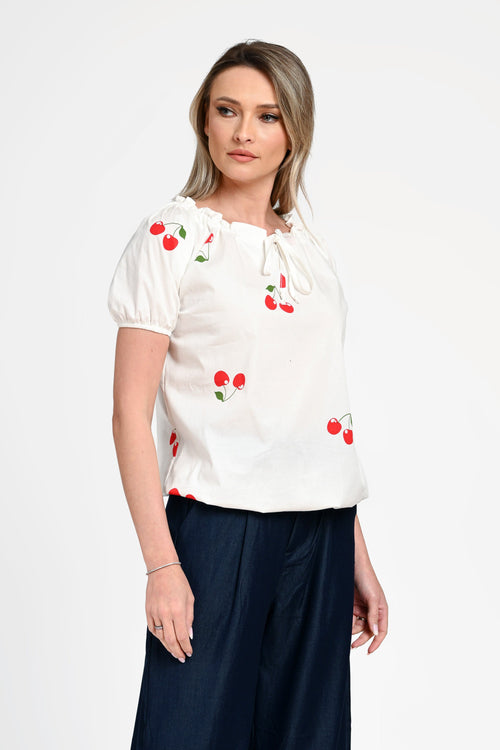 Bluză damă din bumbac cu imprimeu cireșe Ioana Natalee Fashion