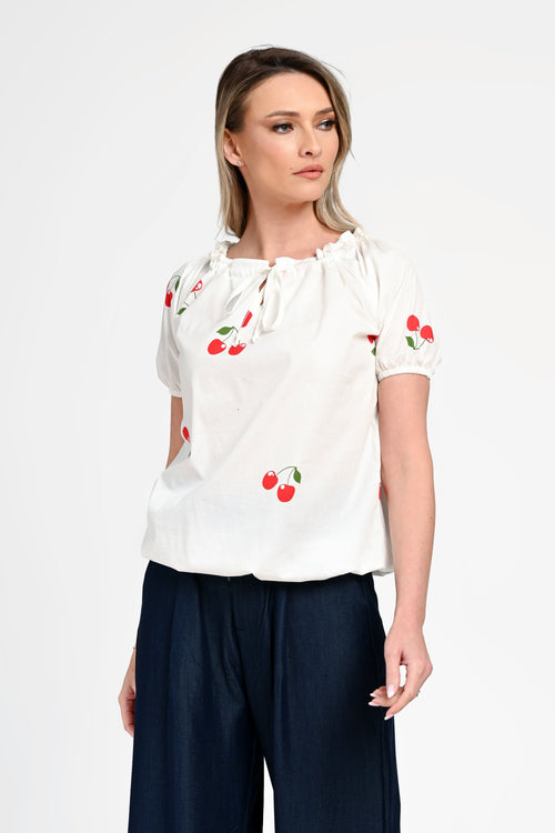 Bluză damă din bumbac cu imprimeu cireșe Ioana Natalee Fashion