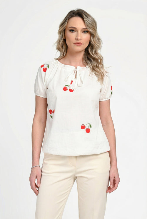 Bluză damă din bumbac cu imprimeu cireșe Ioana Natalee Fashion