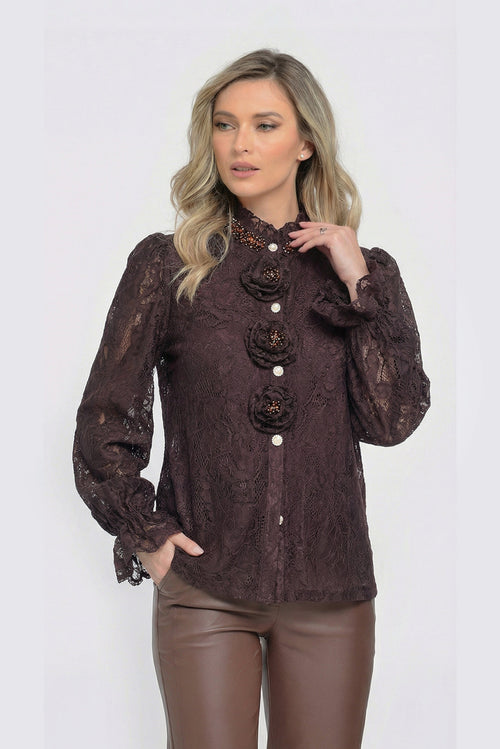 Bluză damă din dantelă maro ciocolatiu Amara Natalee Fashion