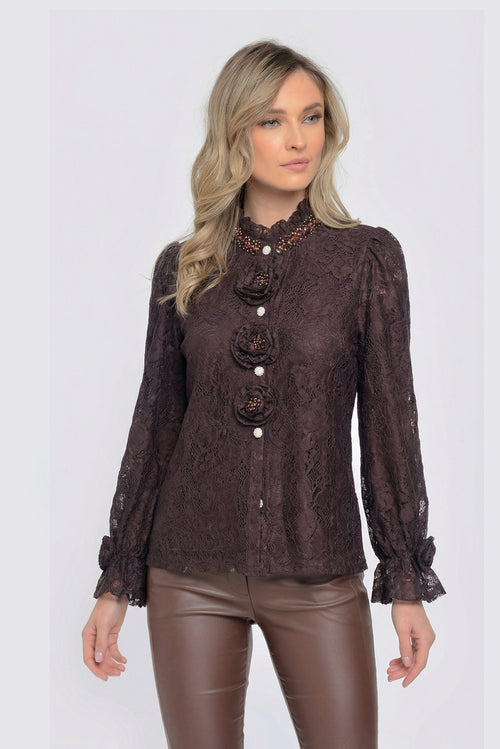 Bluză damă din dantelă maro ciocolatiu Amara Natalee Fashion