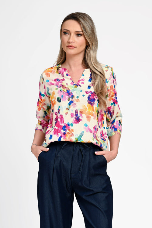 Bluză damă din in cu viscoză cu imprimeu colorat Monica Natalee